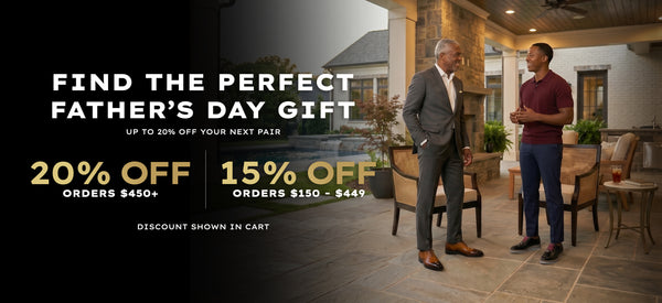 Two men standing on a patio with a Father's Day gift sale banner in the foreground.
