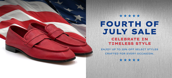 Red leather penny loafers displayed in front of an American flag with text promoting a Fourth of July Sale: 