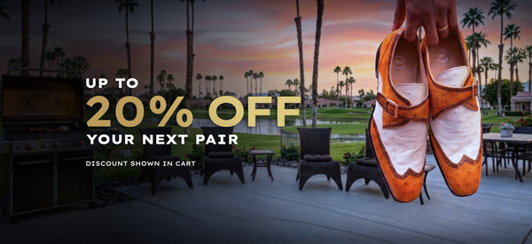 A promotional banner featuring a pair of orange and white slip-on shoes held up on the right side, with a sunset golf course background and large text reading 'UP TO 20% OFF YOUR NEXT PAIR'.