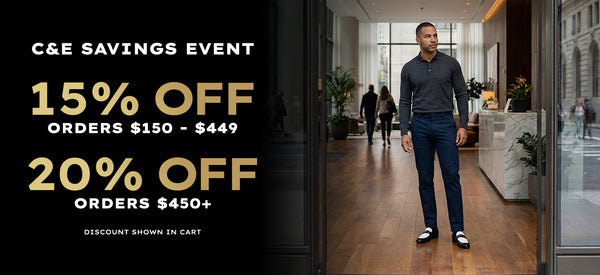 Man walking in a modern building with promotional text for C&E Savings Event on a black background.