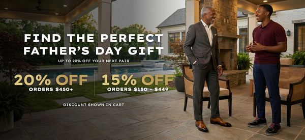 Two men standing on a patio with promotional text for Father's Day gift discounts.