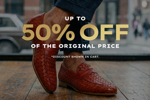 Red leather shoes on a wooden floor with promotional text overlay.
