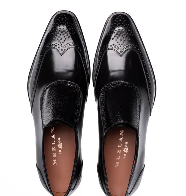 Mezlan Liberty II Shiny Calf Wingtip Medallion Slip On - Black