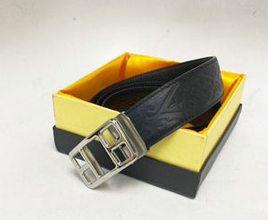 Black Etched Leather Belt with Silvertone Buckle