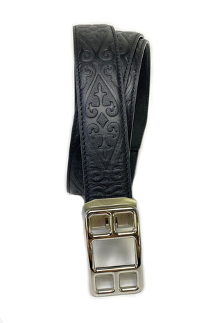 Black Etched Leather Belt with Silvertone Buckle