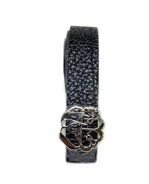 Black Textured Leather Belt with Ornate Silvertone Buckle