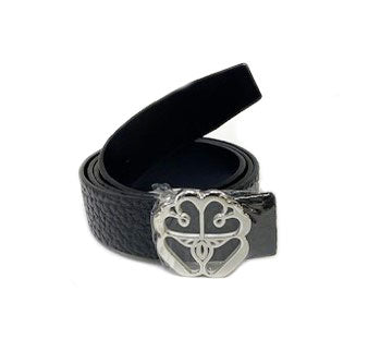 Black Textured Leather Belt with Ornate Silvertone Buckle