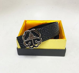 Black Textured Leather Belt with Ornate Silvertone Buckle