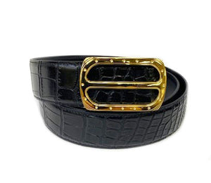 Black Croco Print Leather Belt with Gold Oval Buckle