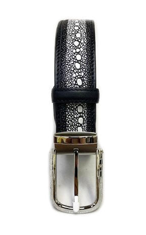 Black Stingray Belt with Patterned Silvertone Buckle