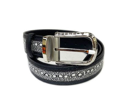 Black Stingray Belt with Patterned Silvertone Buckle