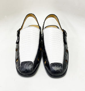 Maurice Embossed Calfskin Slip-On Back-Strap Sandal Black/White