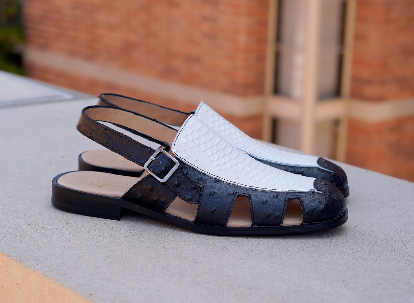 Maurice Embossed Calfskin Slip-On Back-Strap Sandal Black/White C&E Fashions Maurice Embossed Calfskin Slip-On Back-Strap Sandal Black/White C&E Fashions