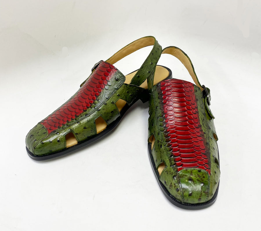 Maurice Embossed Calfskin Slip-On Back-Strap Sandal Green/Red