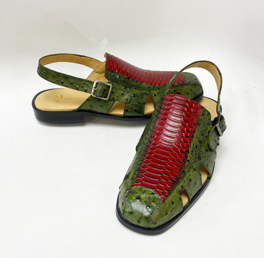 Maurice Embossed Calfskin Slip-On Back-Strap Sandal Green/Red