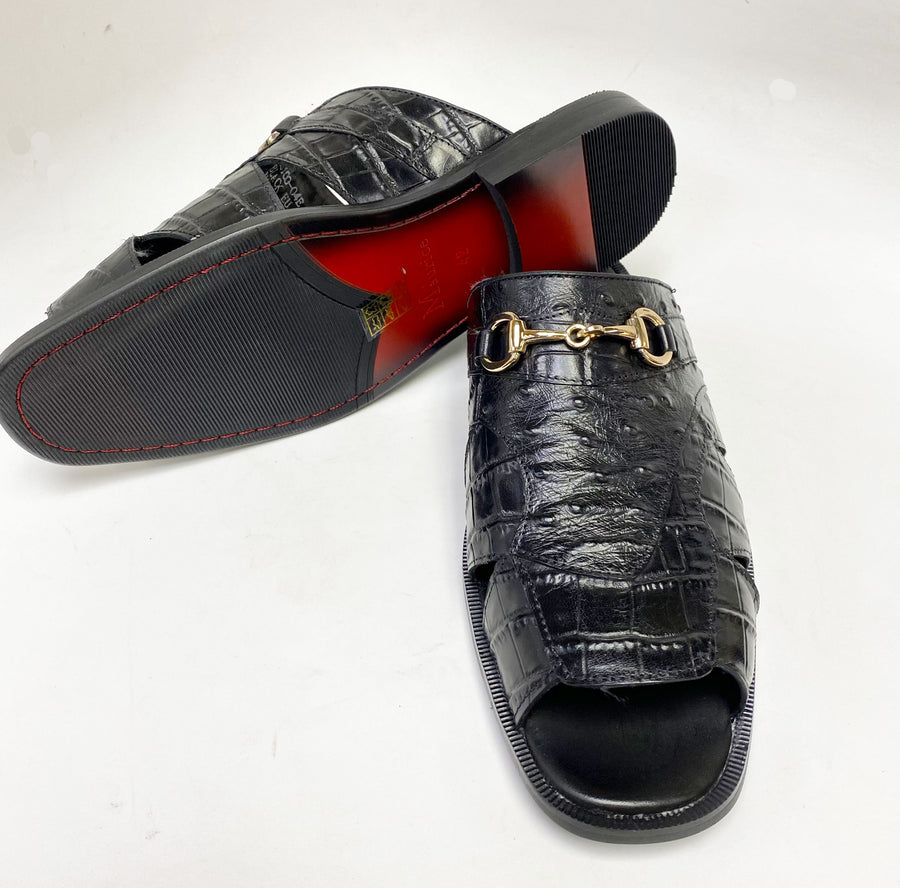 Maurice Embossed Calfskin Slip-On Sandal Black