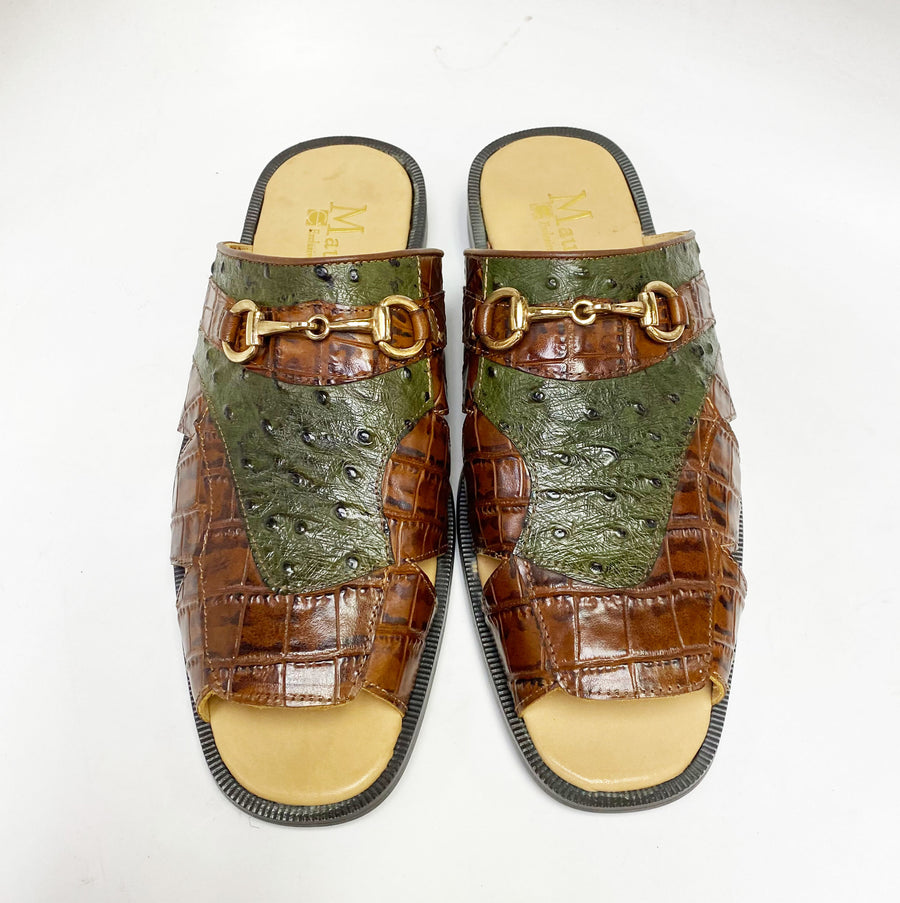 Maurice Embossed Calfskin Slip-On Sandal Brown/Olive