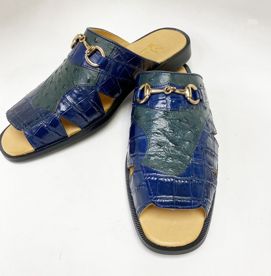 Maurice Embossed Calfskin Slip-On Sandal Navy/Green