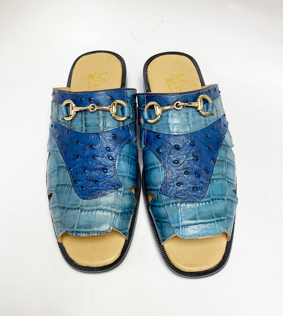 Maurice Embossed Calfskin Slip-On Sandal Sky/Blue