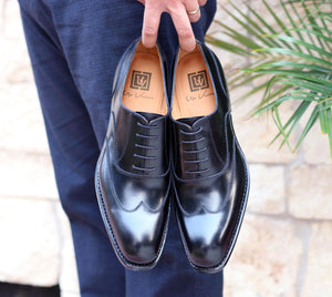 Burnished Calfskin "Wick" Lace-Up Wingtip Oxford Black