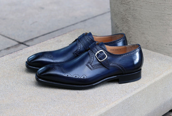 "Eric" Burnished Calfskin Monkstrap Shoe Blue