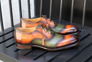 "Stephen" Two-Tone Burnished Calfskin Lace-Up Spectator Oxford Camel/Green