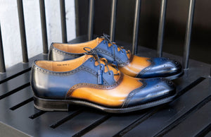 "Stephen" Two-Tone Burnished Calfskin Lace-Up Spectator Oxford Caramel/Navy