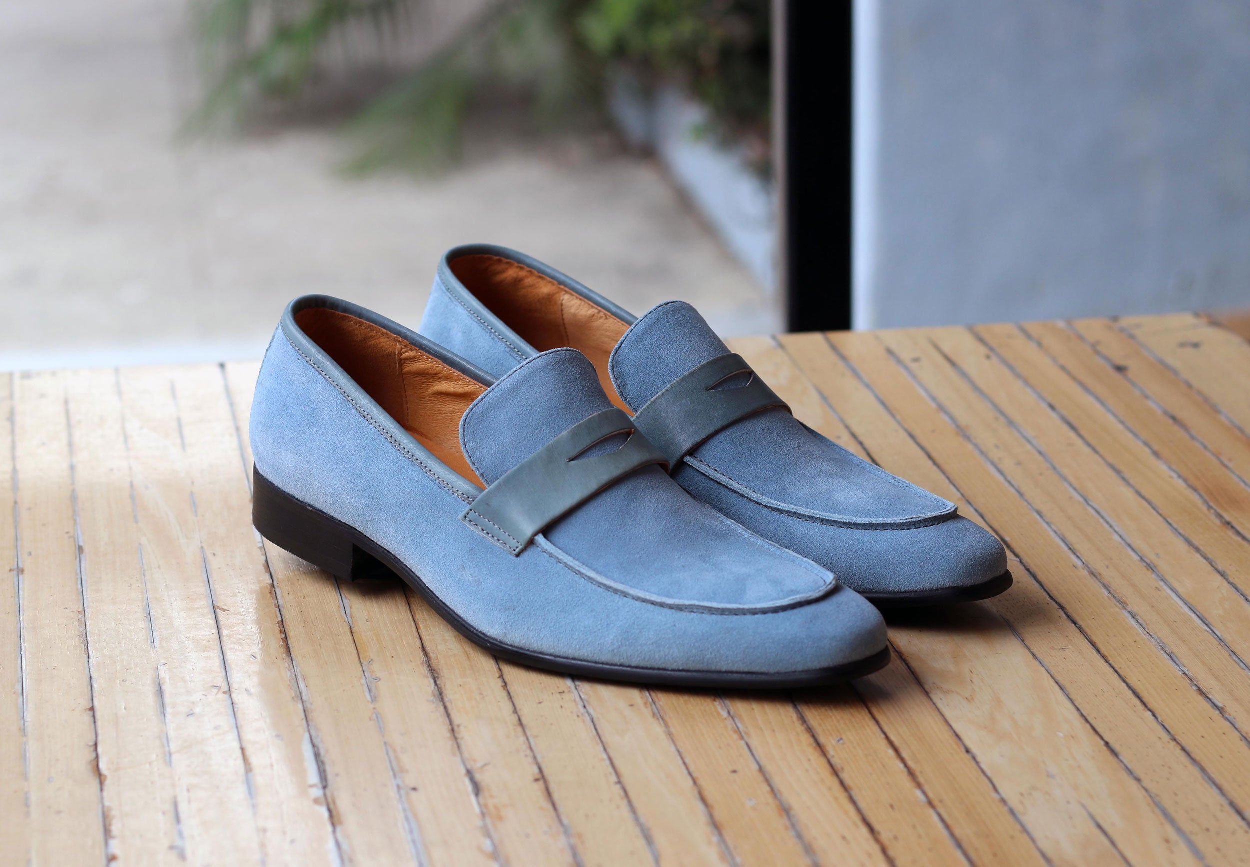 men's sky blue dress shoes Size 39-46 Handmade Mens Penny Loafers Genuine Leather Light Blue Men Dress Shoes Wedding Party Slip On Shoes Italian Fashion