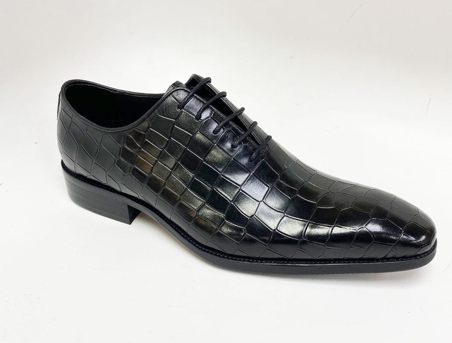 Crocodile Embossed Calfskin Lace-Up Oxford Black