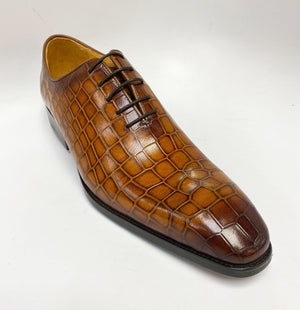 Crocodile Embossed Calfskin Lace-Up Oxford Cognac