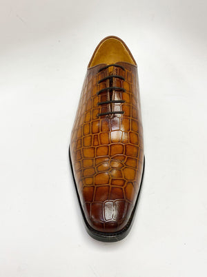 Crocodile Embossed Calfskin Lace-Up Oxford Cognac