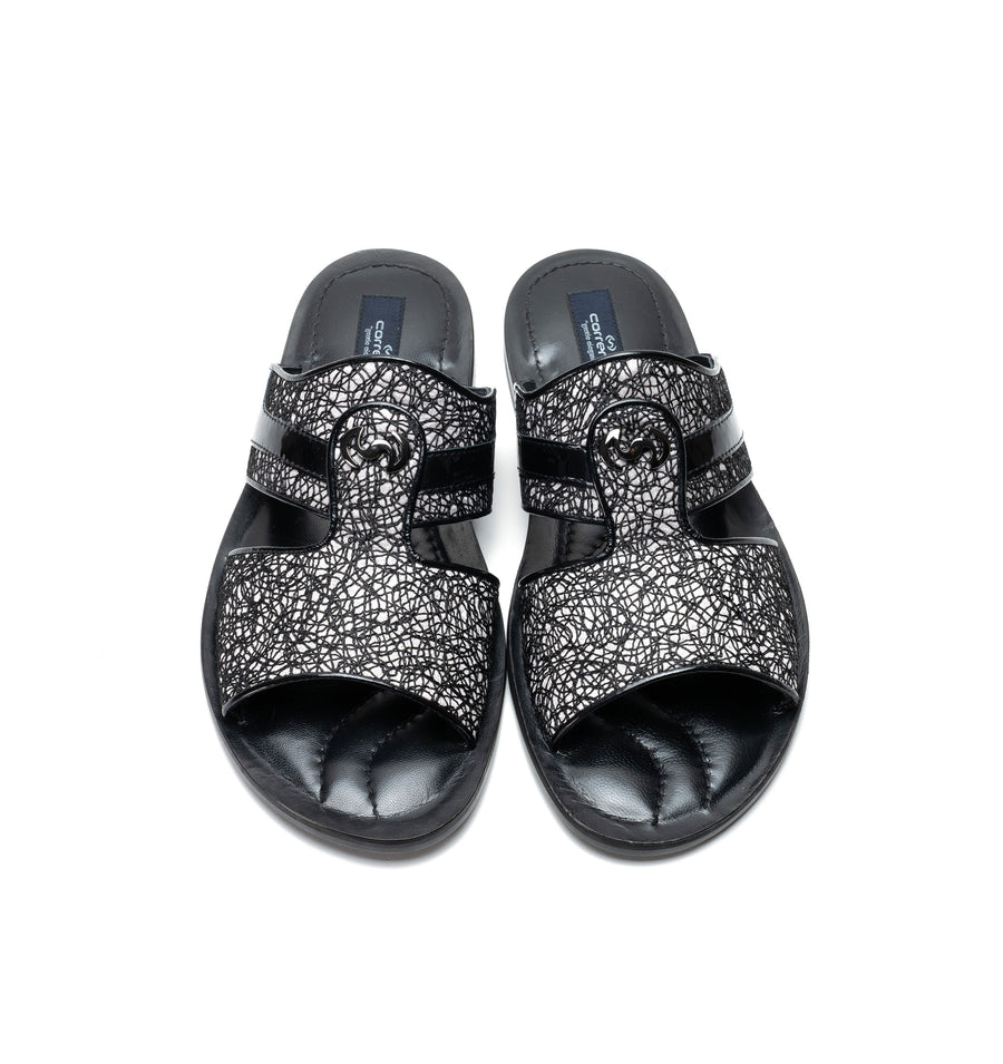 Corrente Linen & Shiny Calfskin Sandal Black