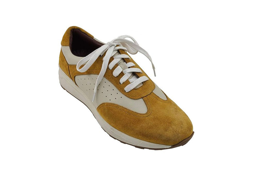 Calfskin & Suede Lace-Up Sneaker Gold/Bone