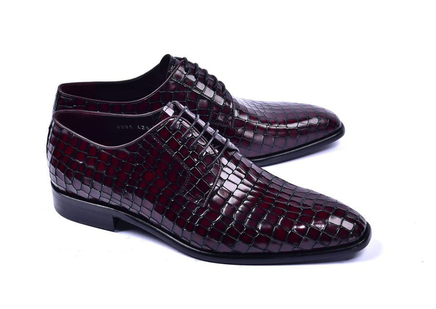 Corrente Crocodile Embossed Calfskin Lace-Up Oxford Burgundy