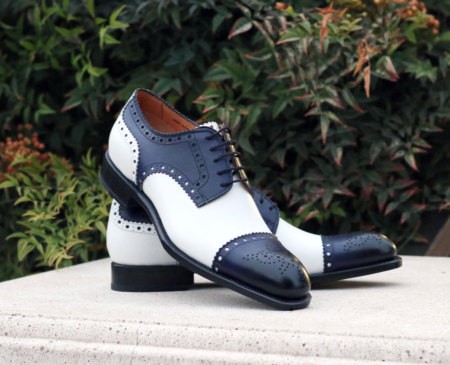 Burnished Calfskin Lace-Up Spectator Oxford Blue/White
