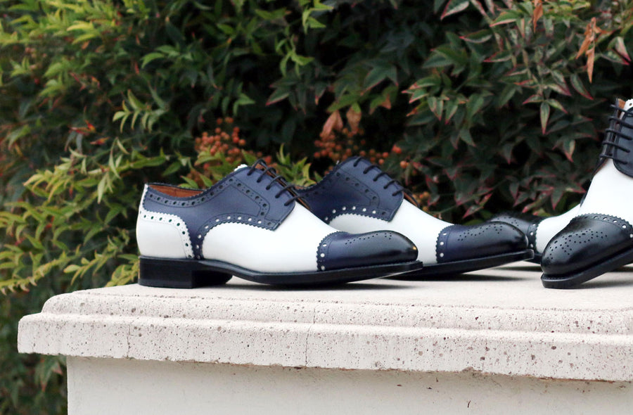 Burnished Calfskin Lace-Up Spectator Oxford Blue/White