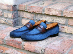Woven Canvas & Calfskin Slip-On Loafer Blue/Brown – C&E Fashions
