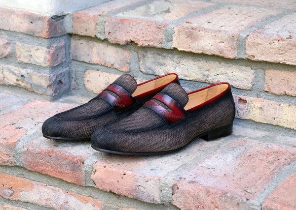 Woven Canvas & Calfskin Slip-On Loafer Brown/Burgundy