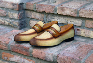 Woven Canvas & Calfskin Slip-On Loafer Yellow/Brown