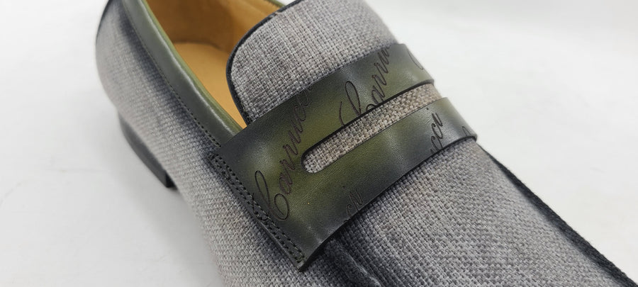 Woven Canvas & Calfskin Slip-On Loafer Grey/Olive