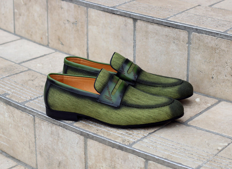 Woven Canvas & Calfskin Slip-On Loafer Olive