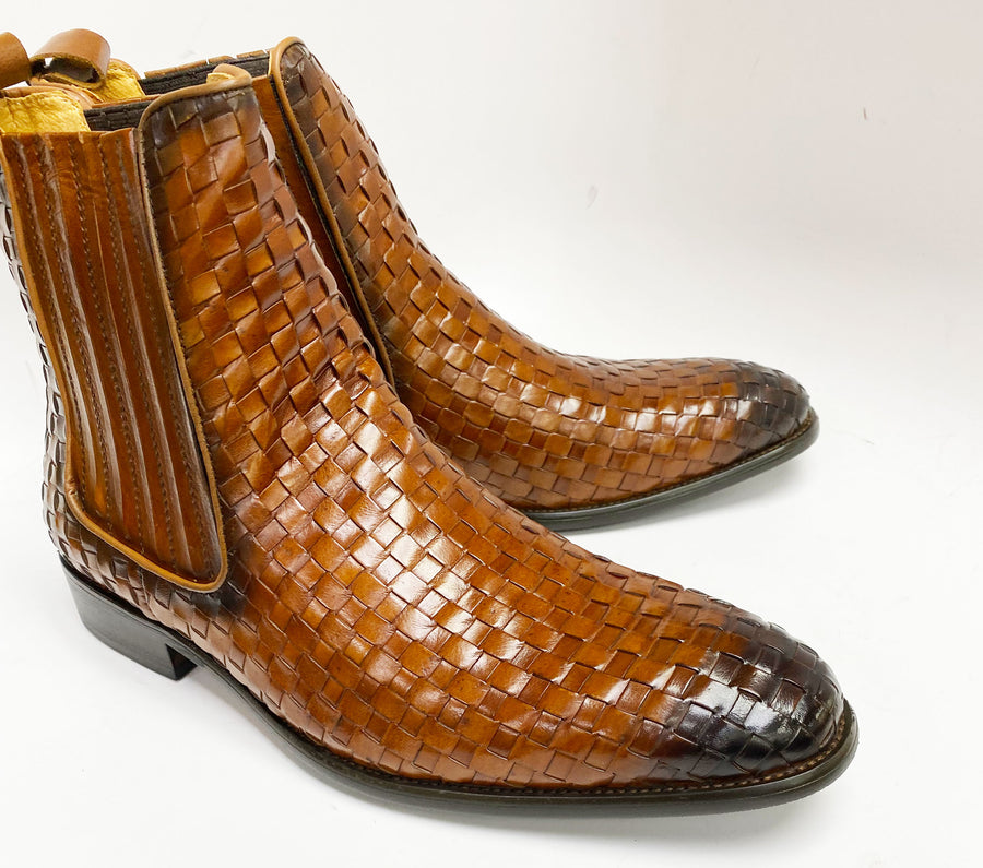 Woven Calfskin Slip-On Boot Cognac