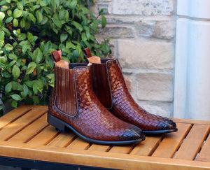 Woven Calfskin Slip-On Boot Cognac