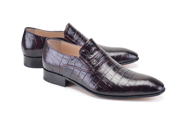 Pelle Crocodile Embossed Calfskin Slip-On Loafer Burgundy