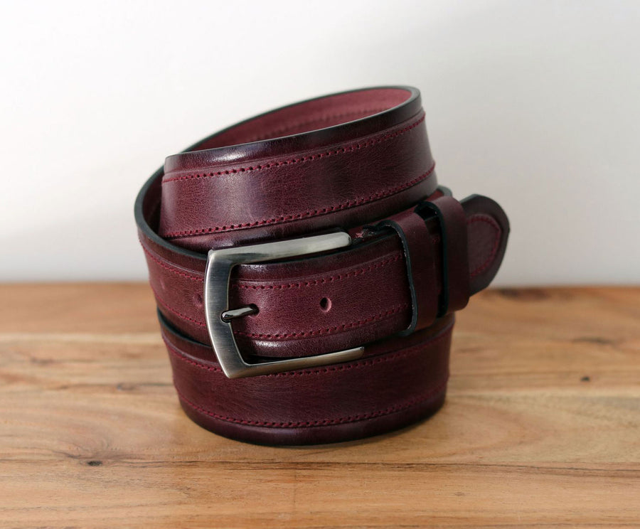Stitched Leather Belt Burgundy