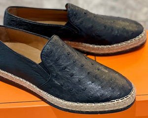 Pelle "San Remo" Ostrich Slip-On Espadrille Loafer Black